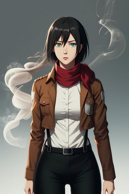 aot style, shingeki no kyojin, mikasa ackerman, 1girl, arm strap, bangs, black hair, black pants, breasts, cowboy shot, embers, green eyes, grey background, hair between eyes, harness, long sleeves, looking at viewer, medium breasts, pants, red scarf, scarf, shirt, short hair, smoke, solo, thigh strap, brown jacket, white shirt, survey corps \(emblem\) , ((masterpiece)), best quality, indoors,  inn <lora:mikasa_ackerman_offset:0.3>  <lora:aot_style:0.6>