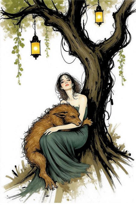 regr1 illustration.  A beautiful woman and a sleeping demon. The woman sits gracefully under a sprawling tree with lush, curving branches and hanging vines. Her expression is calm and serene as she gazes thoughtfully into the distance. Resting his head gently on her lap is a large demon with a powerful, otherworldly presence. The demon, though fearsome in size, appears vulnerable as he lies beside her. His skin has a muted, earthy tone, and his features--sharp and beastly--are softened by a look of weary contentment. His claws are retracted, and he exudes a mixture of strength and peace in her presence. The tree's twisted branches arc above them, framing the scene like a natural canopy. Golden lamps hang from the tree, casting warm, soft light, illuminating the two figures in a magical glow. background is stark white <lora:regr3_shoujo_nocap_d6a3:1.0><lora:808055052863344203:0>