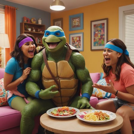 a highly color saturated vibrant screenshot of an episode of a sitcom starring a silly goofy mutant ninja turtle laughing in a colorful living room while a man and woman are carrying a plate of food