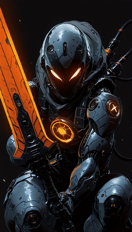 holding weapon, fighting stance, holding  buster sword,huge weapon,, WCG-Illu,, kaarea masterpiece, best quality, high quality, ultra-detailed, realistic,  traditional media, vivid_color, high contrast, speed lines, move_effects, action Create a detailed digital artwork of a futuristic robotic head. The style is realistic with a touch of sci-fi, evident from the intricate design and the glowing orange accents on the visor. The main subject is the head, which is predominantly white with hexagonal patterns and is adorned with various mechanical components, including gears, tubes, and other mechanical parts. The background is dark, which accentuates the robot's features and gives the image a mysterious and advanced feel. The color palette is dominated by shades of white, orange, and gray, with the orange accents providing a striking contrast. The overall mood of the image is one of sophistication and technological advancement. solo, simple_background, no_humans, glowing, black_background, portrait, robot, science_fiction, cable, mechanical_parts, humanoid_robot,    holding weapon, fighting stance, holding  buster sword,huge weapon,, WCG-Illu,, kaarea