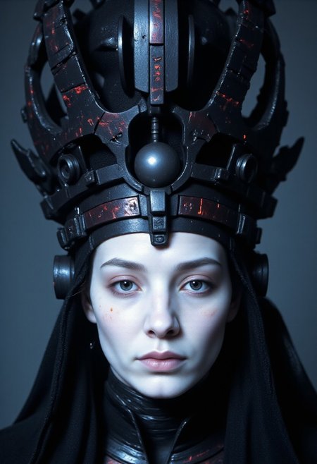 An ultra-close-up, hyper-realistic digital portrait of a ghostly, cybernetic Egyptian goddess, her face and crown filling the entire frame with oppressive, supernatural presence. Her skin is pale as bleached marble, almost corpse-like, stretched tightly over biomechanical perfection. Her expression is still and unreadable—lips barely parted in an uncanny, knowing smirk, eyes glowing dimly like ancient blue embers. She is beautiful in a way that feels fundamentally wrong.
But it is the crown that dominates the image—an enormous, terrifying structure rising like a collapsed star around her head, the very engine of her power. Made from jagged, layered obsidian plates laced with glowing fissures of deep red and sickly violet, it resembles a shattered solar disk reconstructed by alien hands. Its outer edges reach beyond the visible frame—too large, too intricate, too alive.
Across its surface crawl ghostly, etched glyphs that flicker faintly, as if written in code and memory. Segments of the crown rotate almost imperceptibly, locked in eternal orbit. At its core: a dark sphere levitates in silence, pulsing with slow, terrible light. It seems to watch the viewer back—not as a symbol, but as a will. Fine strands of shadowy metal stretch from the crown into the air like strands of forgotten thought or control.