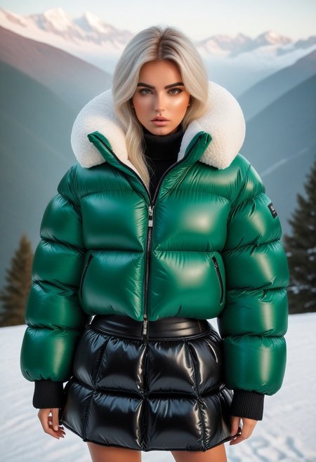 ((((sherpa puffer padded jacket)))), ((((sharpa puffer padded coat)))), ((((puffer skirt)))), ((((cowboy shot)))), ((((from back)))), standing, winter, snow, mountains, 1girl, solo, (masterpiece), (detailed face, detailed eyes), (beautiful detailed eyes:1.5), sidelighting, (super detail, hyper detail, intricate_details, detailed), looking at viewer, (semi realistic:1.6), very detailed face, (Blonde hair), (white hair), absurdly long hair, hair between eyes, (straight hair), (green eyes), put your hair behind your ears, eyelashs, eyeliner, (eye shadow:0.5), wet hair, sweat, white skin, Angry face, (blush), padded cuffs, padded collar, Thick padded cuffs, Thick padded collar, <lora:Collar-SDXL:0.6>, <lora:Cuffs-SDXL:0.6>, <lora:Puffer_Jacket_and_Down_Jacket_-_Extra_Puffy_Jackets:0.6>,  <lora:puffer_skirt_v1:0.6>