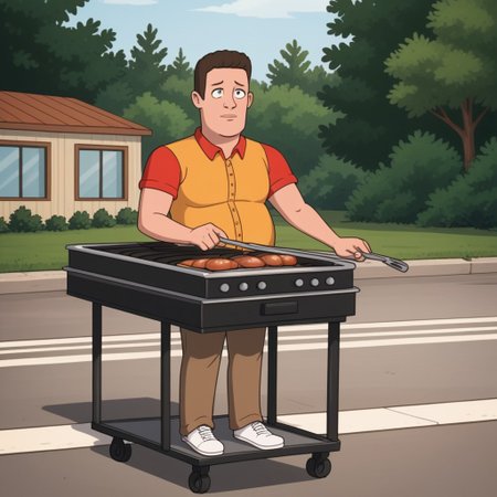 hank hill standing at a barbecue grill, outdoors on a sunny day, ((a giant propane molecule floats in the air)),