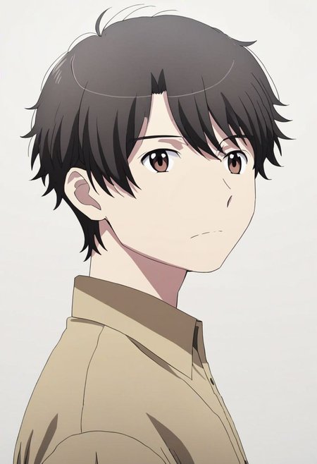 high resolution, solo, best quality, 1Boy, Inaho Kaizuka, Black Hair, Brown Eyes, potrait, dark shirt, looking at viewer, focused gaze forward, simple background, straight body, upper body, head upright, neutral expresion, OverallDetail