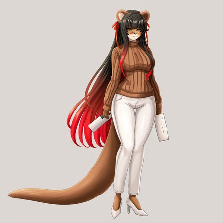 1girl, sessyoin kiara, by kodoto, furry, furry female, weasel girl, black hair, brown sweater, closed mouth, full body, gradient hair, hair intakes, hair ribbon, high heels, holding, long hair, long sleeves, looking at viewer, multicolored hair, pants, pumps, red hair, red ribbon, ribbed sweater, ribbon, smile, solo, standing, sweater, tachi-e, thigh gap, transparent background, turtleneck, turtleneck sweater, very long hair, white footwear, white pants, yellow eyes,