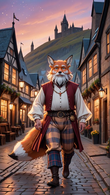 (front view:2), (detailed old mature bearded man gender character:2) wearing detailed (bioluminescent medieval style pants:2), flowing beige hair and expressive eyes, (fox-like ears:2), (detailed fox one tail:2), (scottish standard body shape:2). Walking through a very cozy furry town with pastel color palette, the charming street has cobblestone streets, and (twilight horizon:1.5). Magic sparkles float in the air, adding a subtle touch of fantasy, doortoinfinity <lora:d\EnvyZoomSliderXL01:-1.25> <lora:doortoinfinity:1> <lora:more_details:1.5> <lora:xl_bioluminescent_dress-1.0:1>