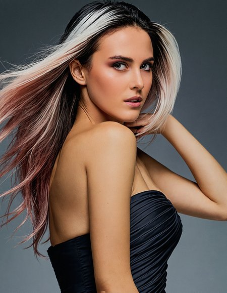 masterpiece, best quality, 1girl, gradient hair, high contrast, photo \(medium\),  <lora:SDXLHighDetail_v5:1>, strapless, arm at side,
