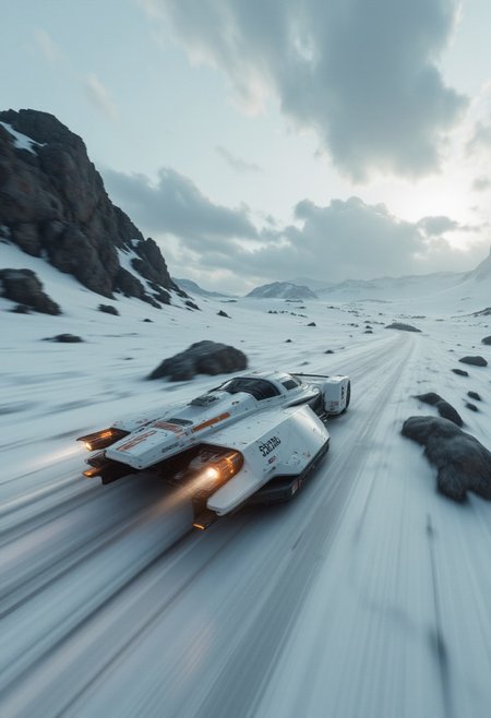 close up of a futuristic space ship passing by, with a simple Dieter Rams design, hovering across an epic Scandinavian scene of light snow and rocks, the feel of speed is extreme, motion blur, white and black colors with some orange accents, high depth of field, dramatic light, cinematic scene
