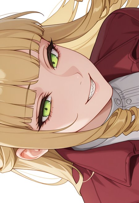 Smooth Quality,masterpiece,very intricate, high quality details, ultra realistic, high detailed skin,detailed enviorement,absurdres,
simple background, white background,
evil smile, sharp grin, narrowed eyes, ominous aura, slightly tilted head,,sideways,
smoking jacket,  ,baseball jacket,  ,cropped pants,  , <lora:Fiatoio_Annacnn:0.7> fannacnn, 1girl, blonde hair, green eyes, long hair, blunt bangs, sidelocks, drill hair, mary janes,