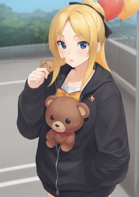 1girl,:o, balloon, black bow, black jacket, blonde hair, blue eyes, blurry, blurry background, bow, crossed bandaids, day, depth of field, hair bow, hair bun, hand up, holding, holding balloon, holding stuffed toy, jacket, key, long hair, long sleeves, official alternate costume, orange bow, outdoors, parted bangs, parted lips, polka dot, polka dot bow, shade, single hair bun, sleeves past wrists, solo, standing, star (symbol), stuffed animal, stuffed toy, teddy bear, tree <lora:mikomune_style:1>