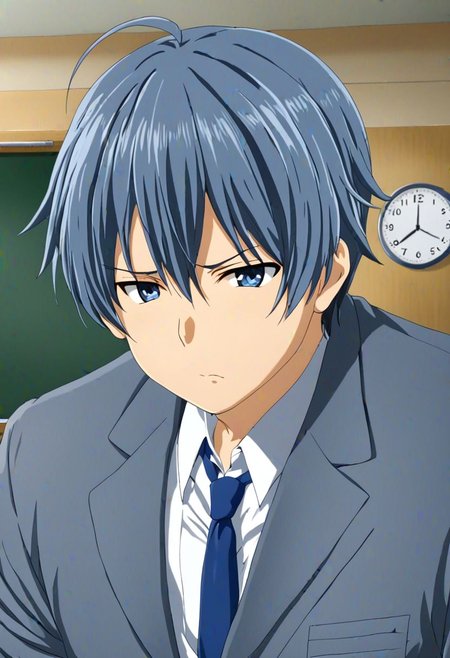 high resolution, solo, best quality, 1Boy, Tomoya Okazaki, Grey Blue Hair, school life, school uniform, OverallDetail