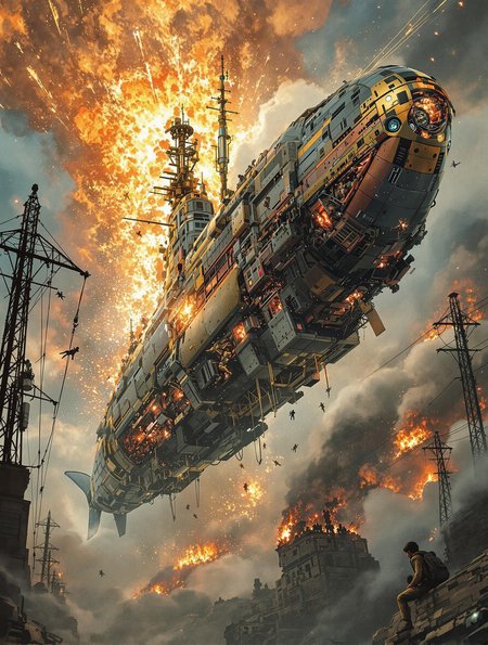 flying submarine destroyer,  explosive, fire and sparks, passengers falling, sparking power lines, billowing smoke, epic futuristic industrial, colorful, intricate details, ultra-sharp, hyper-detailed, chiaroscuro lighting