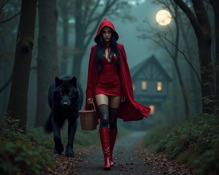 full body view raw photo of a stunningly beautiful seductive 18 yr old overly sexualized red riding hood, solo, nicely shaped legs with knee high red leather boots, black stocking, red mini-skirt, slim hips, slim waist, realistic long black hair, perky tiny breasts, large round eyes, flat chested, top hard light, creepy dark forest scene with full moon, highly detailed,  looking at viewer, sexy walking through forest, carrying a picnic basket, old english cottage in background, walking beside a huge black wolf
