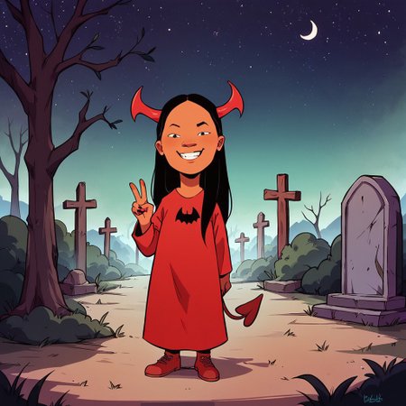 score_9, score_8up, score_7up, score_6up, solo, 1girl, Connie S KOTH, dark skin, black eyes, long hair, black hair, cowboy shot,
smug grin, big mouth, half-closed eyes, flat chest, short stack, standing, candy on the ground, full body, devil costume, devil horns, devil tail, peace sign, perfect hands, perfect eyes, 
outdoors, graveyard, tombstones, dead trees, starry night sky, fog, Halloween, leaning back, looking at viewer,