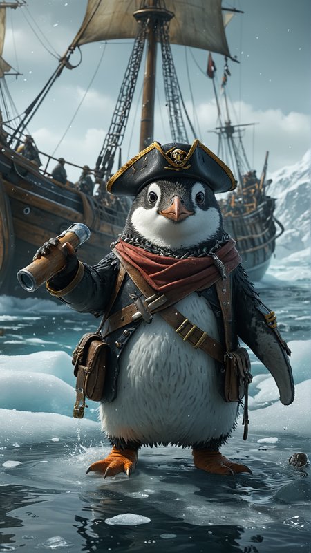 A penguin in a pirate outfit, leading a ship of penguin pirates through icy waters, shouting commands and looking through a telescope. (masterpiece, award winning artwork)
many details, extreme detailed, full of details,
Wide range of colors, high Dynamic
 <lora:add-detail-xl:1>
 <lora:WildcardX-XL-Detail-Enhancer:1>
<lora:MJ52:0.375>
 <lora:CinematicStyle_v1:0.42>