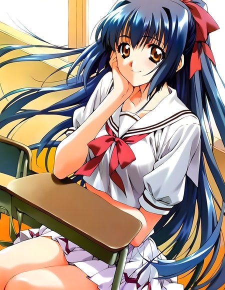 <lora:pony_xl_suzuna:0.8>,suzuna,score_9,score_8_up,score_7_up,source_anime,1girl,solo,hair_ribbon,school_uniform,white sailor suit,white skirt,classroom,smile,sitting_on_chair,cowboy_shot,
