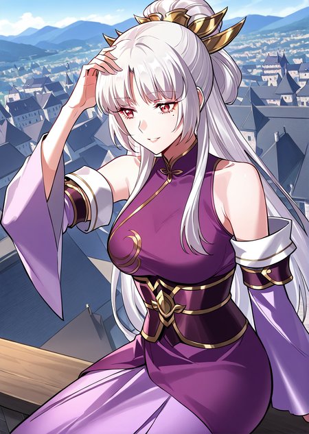 <lora:Zi_Ziyan__I_am_the_Fated_Villain__Illustrious:1>
1 girl, solo, white hair, bangs, hair up, ponytail, red eyes
mole under eye, bare shoulders, long purple dress, detached sleeves
score_9, score_8_up, score_7_up, very aesthetic, source_anime, detailed, high quality, beautiful, masterpiece, detailed eyes, castle, village, blurry background, cityscape, pose dynamic angle, light smile, open mouth, hand on hair, sitting