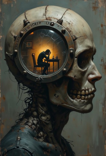 A surreal imagenious style painting depicting a man’s head in profile, with a large round window embedded into his skull like a ship’s porthole. The window has ominous engravings etched around its frame and is scratched, distorting the view inside. Through the glass, a dimly lit interior is visible: a small, simple room with a wooden table and chair. A solitary figure sits at the table, his face hidden as he cradles his head in his arms, evoking a sense of despair and isolation. The overall mood is dark and atmospheric, with muted tones and subtle glowing highlights around the engravings.