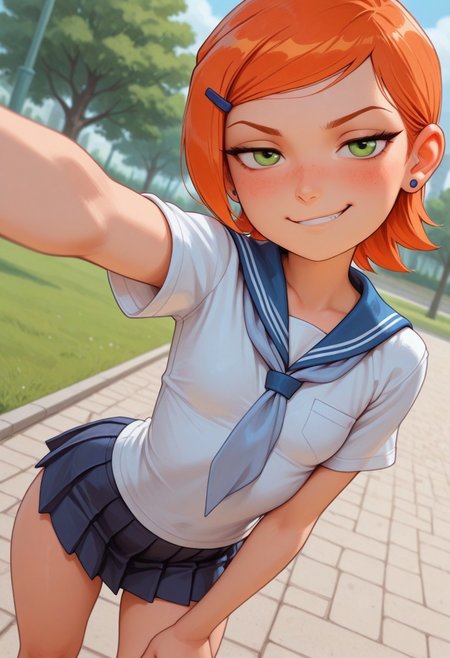 masterpiece, best quality, good quality, very aesthetic, absurdres, newest, 8K, depth of field, focused subject, mythp0rt,
stylized, wabi sabi, 
1girl, Gwendolyn_Tennyson, orange hair, short, hair, freckles, cute,
smug,
petite body, small waist, curvy, thighs, shapely legs,
small breasts,
school uniform,
dynamic angle, selfie,
park,