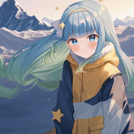 by midori xu, jelly hoshiumi, 1girl, 2D anime, solo, blush, smile, blue eyes, very long hair, blue hair, small breasts, drill hair, blunt bangs, green hair, star (symbol), gradient hair, short antennae with stars on the ends, yellow bow, star hair ornament, yellow hairband, hair ornament BREAK
(wearing winter clothes, wearing a parka:1.5), hiking, climbing mount Everest, mountain, snow, sunny day  <lora:Jelly_Hoshiumi_XL:1>
