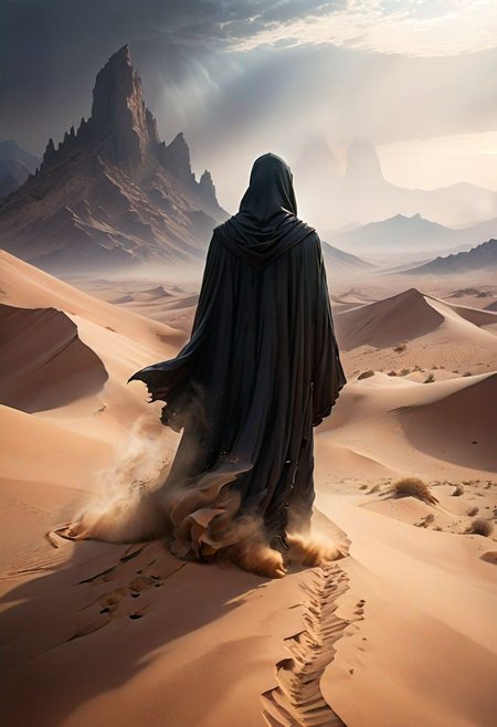 Two towering mountains dominate the horizon, their peaks piercing the sky. Between them lies a vast desert, its sands shifting in the wind. Amidst this desolate landscape stands a mysterious figure, cloaked in black, emanating an aura of secrecy. Magic crackles in the air, hinting at untold powers. Wisps of mist swirl around, adding an eerie atmosphere to the scene. The colors are muted, with sandy browns and dusty grays dominating, accented by the deep black of the figure's cloak. The lighting is dim, casting long shadows across the desert floor.