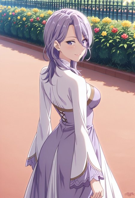 masterpiece, best quality, amazing quality, dynamic view,  solo, dynamic view,  solo, 1girl, masterpiece, best quality, bokeh, luminescent background, 
( hildegardadenauer,, 
purple hair, ahoge, medium hair, blunt bangs, hair over shoulder,  hair betveen eyes, purple eyes, medium breasts, ,
 dress, two-tone dress, purple dress, white dress,  long sleeves, white shoes,, 
 )
solo, from behind, outdoors, garden, flower, red flower, blue flower, purple flower, yellow flower, looking back, smile,