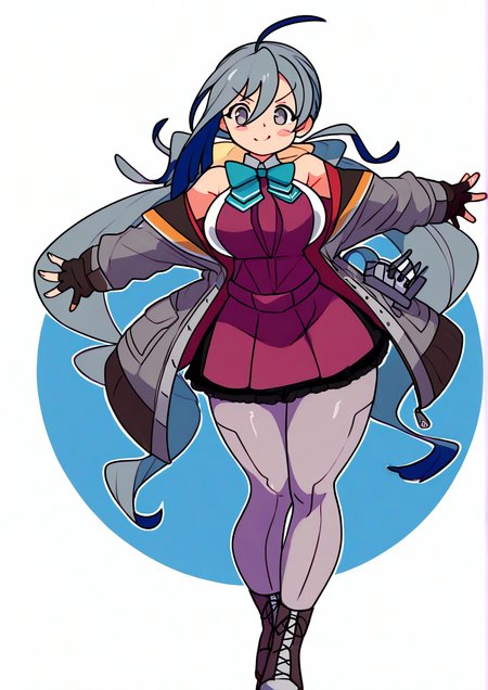 <lora:Tiaradraws:1>,1girl, kiyoshimo \(kancolle\), kiyoshimo kai ni \(kancolle\), huge breasts, wide hips, kantai collection, ahoge, aqua bow, aqua bowtie, black gloves, bow, bowtie, coat, dress, fingerless gloves, full body, gloves, grey coat, grey eyes, grey hair, grey pantyhose, grey thighhighs, hair between eyes, halter dress, halterneck, long hair, low twintails, machinery, mecha, one-hour drawing challenge, outstretched arms, pantyhose, purple dress, robot, solo, standing, thighhighs, twintails, very long hair, 
animated, dynamic angle,very awa, masterpiece, best quality, highres, absurdes,amazing quality,very aesthetic,intricate details,