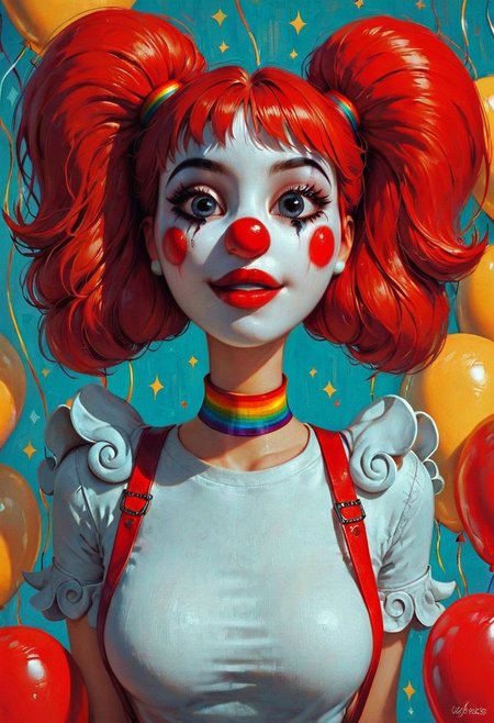 score_9, score_8_up, score_7_up, 1girl, perfecteyes, short, young, busty, petite, (Clown girl:1.3), Pixar, Pigtails, white face paint, red nose, red lipstick, pigtails, tight shirt, suspenders, from the front, under the big top, at the circus, cheerful facial expression, waving, balloons in background