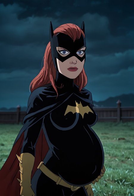 <lora:BatgirlPony1.0:1> BarbaraG, 1girl, solo, cape, mask, belt, gloves, blue eyes, superhero, long red hair, bodysuit,upper body, cowboy shot,  breasts, night, medium breasts, lipstick, batgirl, looking at viewer,  ,   pillorypose, arms behindback, bent over, from behind, hanging breasts, belly cut hole massive big round huge giant pregnant belly