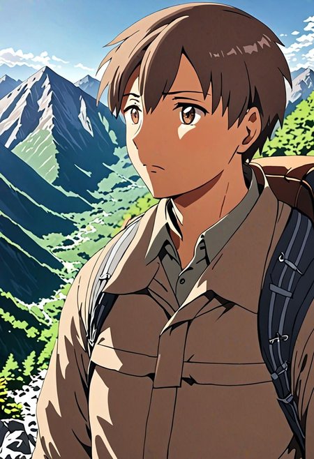 high resolution, solo, best quality, 1Boy, Takaki Toono, Brownish Hair, Brown Eyes, landscape, looking away, high mountain, hiking gear, shallow depth of field, OverallDetail