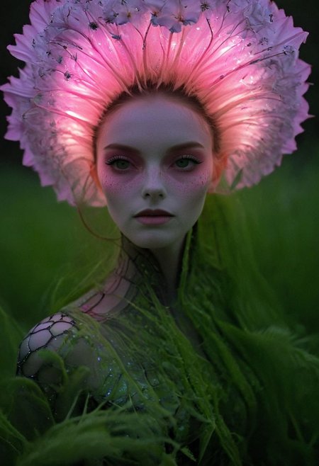 ffarmor, a closeup portrait of a woman in vibrant pink cotton armor with large translucent shoulder-armor resembling beautiful nature carnivorous plant hr giger bubbles, a wendigo roaming through the astral forests geometric leylines dotting the sky, surreal, sharp focus, highly detailed, cinematic, singular background, dramatic light, beautiful, magical atmosphere, professional, elegant, complex, glowing, very inspirational, color, dynamic, appealing, epic, stunning, winning, new, futuristic, great still, ambient, intricate, fine, 
 amidst a nightly flower meadow, looking to the stars above, Nature-cosplay,  ultra detailed, deep Blacks, very detailed, atmospheric haze, Film grain, cinematic film still, shallow depth of field, highly detailed, high budget, cinemascope, moody, epic