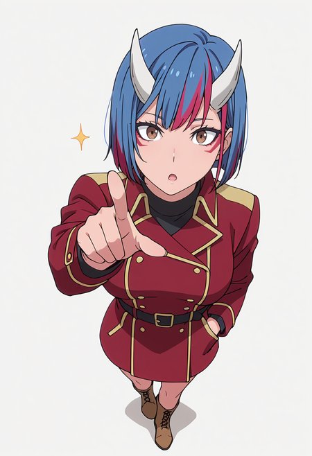 Smooth Quality,masterpiece,very intricate, high quality details, ultra realistic, high detailed skin,detailed enviorement,absurdres,
simple background, white background,solo, 
walking pose, one hand in pocket, head slightly turned, casual stride, confident aura,  ,pointing at viewer,kubrick stare,surprised, <lora:Gobwa_cnn:0.8> gobwacnn,1girl, short hair,blue hair, multicolored hair, facial mark, streaked hair,white horns, brown eyes,shirt,red jacket, red coat, black belt, double-breasted, boots,