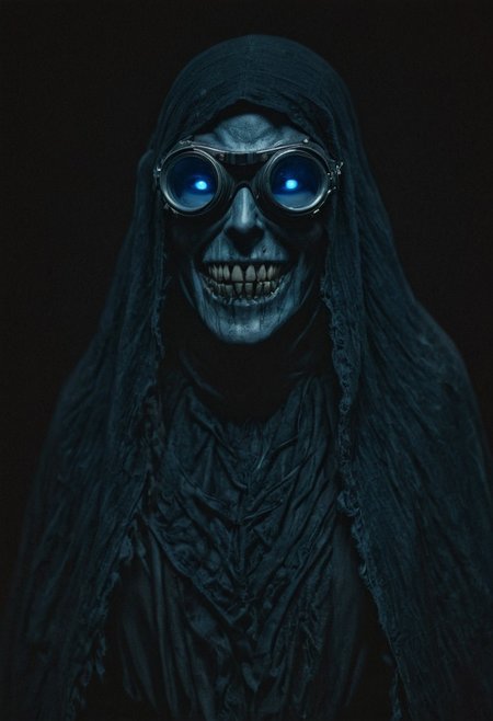 analog film photo Realistic portrait of a sinister, enigmatic figure with a malevolent grin. The figure wears intricately designed, mechanical goggles that emit a cold, blue light, casting an eerie glow on their eyes. The grin reveals sharp, menacing teeth, adding to the figures unsettling demeanor. The figure's long, disheveled hair frames their face, and they are draped in a dark, tattered cloak. The background is a deep, shadowy blackness, enhancing the figure's menacing presence. The lighting is dramatic and highlights the gleaming, mechanical details of the goggles, intensifying the overall mood of eerie tension and malevolence.  faded film, desaturated, 35mm photo, grainy, vignette, vintage, Kodachrome, Lomography, stained, highly detailed, found footage,
use colors like teal and colors like dark teal and colors like navy