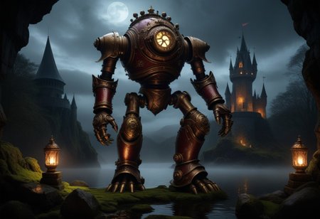 giant bipedal robot brass and dark red, bronze paisley robot. lacy robot metal. diving helmet head. outside of a steampunk keep. large detailed torso. dark image. one forty foot tall ancient robot with great arms and two heavy spring legs. dark foggy night background. $dark foggy night image only. dark photo realistic image. steampunk details. cogs, chains and pipes incorporated in the fantasy buildings. magic wizards tower in background. Dark swamp, moss, castle ruins, wizards tower. stormy dark night.  stormy sky.