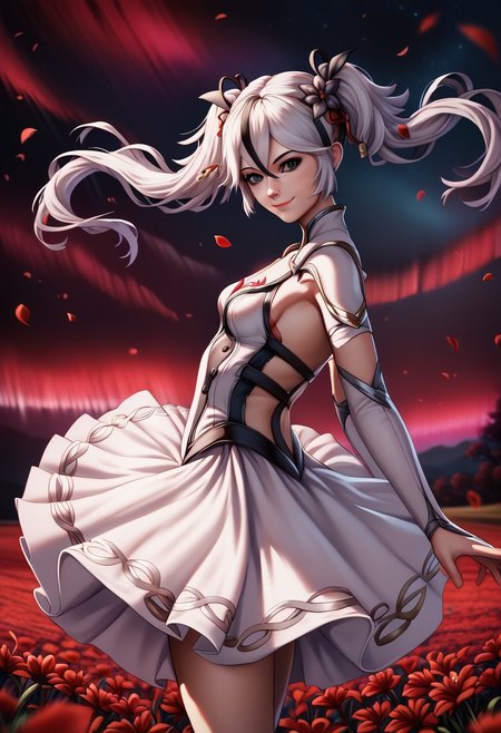 camellya, black eyes, twintails, hair flower,hair ornament,white hair,streaked hair
Playful smirk
DNDFG, Detailed drawing
1 solo girl, dancing ballet. white-red flowers, white-red petals, wind, flower field, wind, night, red aurora borealis, dark sky, girl focus
detailed background, detailed