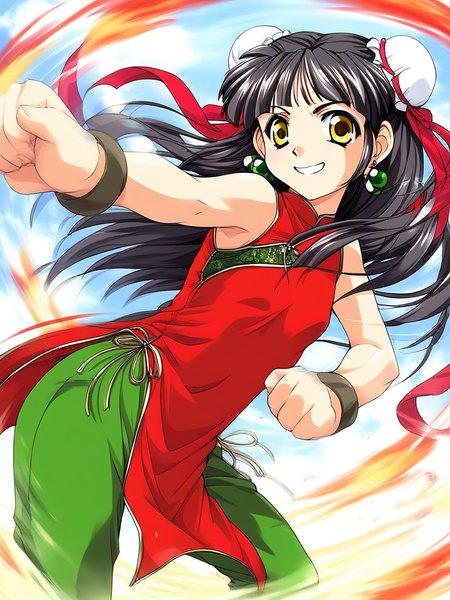 score_9, score_8_up, score_7_up, source_anime, rating_explicit, BREAK  <lora:Kounyan_Ver2.0_XL:1> Kounyan, solo, black hair, long hair, double bun, hair bun, bun cover, yellow eyes, ribbon, earrings,  green_jewelry, 
red china dress, red ribbon,  green pants, 
 outdoor, sky,
smile, fighting_pause, fight style,
looking at viewer, 
cowboy_Shot,