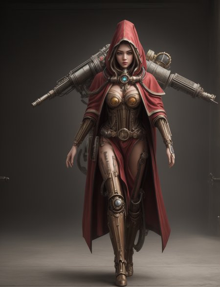 Ultra-realistic 8k CG, masterpiece, best quality, (very detailed face),masterpiece, best quality, 1girl, 20 years old, woman, colorful, (full body, wide shot),  <lora:more_details:0.8>  <lora:techpriest:0.8> mechanical arms, steampunk, hood, robe, techpriest, forgeworld, adeptus mechanicus,