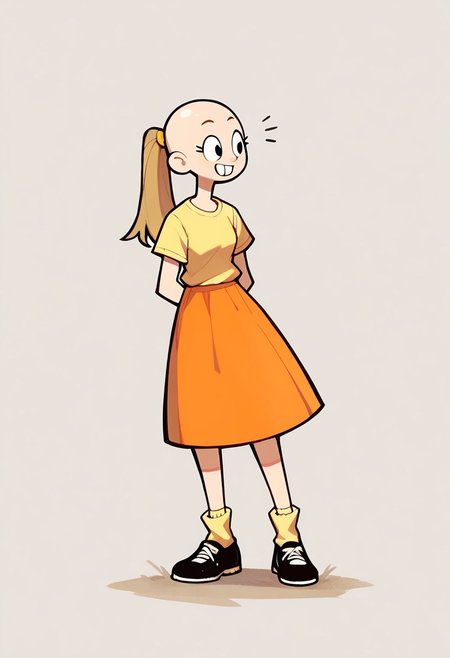 score_9, score_8_up, score_7_up BREAK pegTO, 1girl, bald head, black eyes, yellow hairclip, light brown ponytail, ponytail, buckteeth, bucktooth, no jaw, no lower jaw, half head, jawless, yellow longsleeved shirt, orange skirt, yellow socks, white black shoes, full body, human, cartoon, source_cartoon,