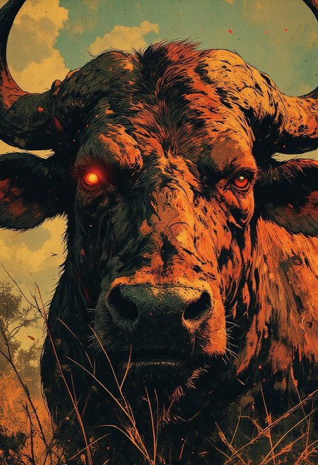 masterpiece, best quality, hyper-detailed, highly detailed, hyper realistic, extreme close-up, massive bull, piercing crimson-red glowing eyes, focal point,
two strands of tall dry grass partially obscuring face,
thick weathered hide, deep creases and scars, years of survival,
large curved horns, weathered, cracked, rugged texture with fragmented light,
powerful unmoving stance, primal dominance,
dust clinging to skin, golden light filtering through savanna vegetation,
shifting shadows from sparse trees, spectral highlights flickering on brow,
interplay of light and shadow, raw presence, relic of untamed past, ancient, unyielding