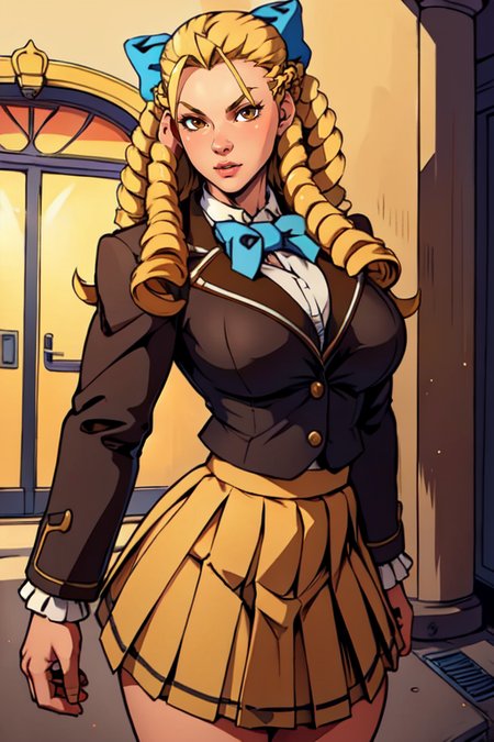 masterpiece,best quality,extreme detail,8k,<lora:karin:0.8>,karinsf5,1girl,solo,long hair,breasts,brown eyes,skirt,blonde hair,large breasts,bow,school uniform,jacket,hair bow,antenna hair,forehead,hair pulled back,ringlets,