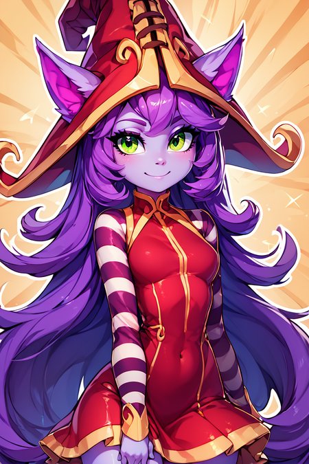 score_9, score_8_up, score_8, medium breasts, (curvy), cute, eyelashes,       BREAK, ,  <lora:LuluLeagueoflegendsPDXL:0.8>, zzLulu, long hair, bangs, animal ears, green eyes, purple hair, colored skin, purple skin, long sleeves, hat, dress, red dress, red headwear, ears through headwear, striped sleeves, yordle,, BREAK, smile, looking at viewer,  abstract background, white outline, cowboy shot, embedding:zPDXL, Expressiveh, <lora:CatalystStylePDXL:0.6>,  <lora:SDXLFaeTastic2400:0.5>,  <lora:Expressive_H-000001:0.4>,