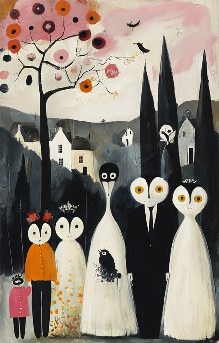 masterpiece,best quality,<lora:tbh198-sdxl:0.9>,illustration,style of Mary Fedden portrait of family