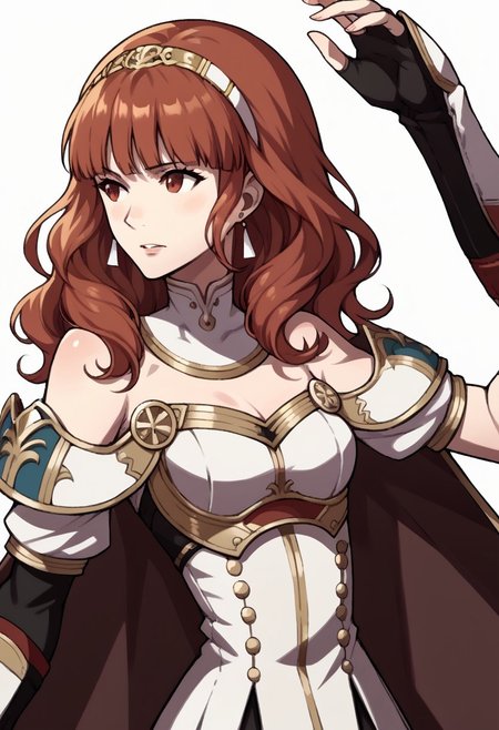 score_9, score_8_up, score_7_up, source_anime BREAK 1girl, solo, <lora:zs_AwakeningPortraitsXL:1> awakeningportraits, portraits, white background,  <lora:fecelica-pdxl-nvwls-v1-000005:1> defCeli, red hair, red eyes, hairband, earrings, cape, detached collar, white dress, cleavage, bare shoulders, arm guards, fingerless gloves