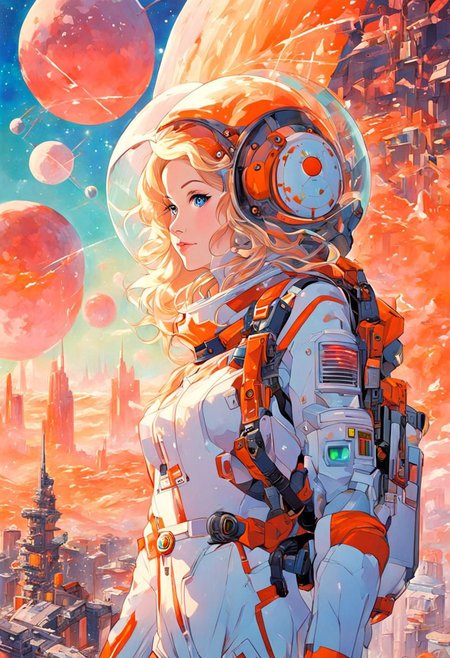 Caroline Diethard Sorg, Woman spacesuit, helmet, alien landscape, alien sky, glowing crystal buildings in the background, Macross