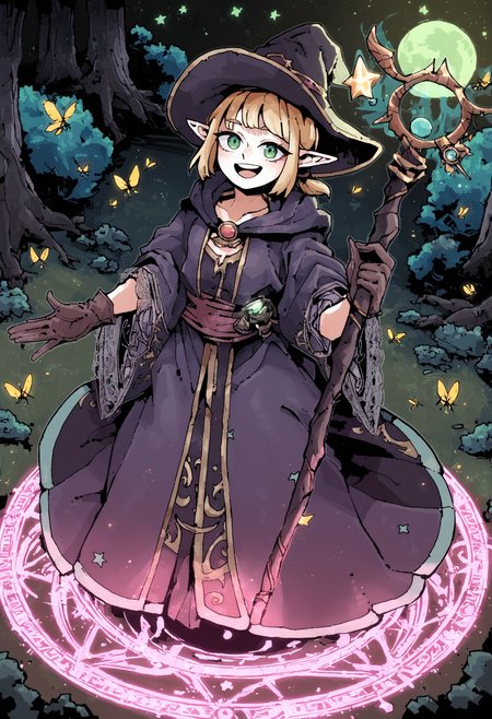 score_9, score_8_up, score_7_up,
1girl, pointed ears, blonde, green eyes, flat breasts, short bang ponytail,
holding staff, witch clothes, pink silk robe, lace sleeves, witch hat,
forest, flying fireflies, night, moon, stars,
smile, looking at viewer, open mouth, gloves , casting spell, magic glow, magic circle on hand,
good hand, front view, from above, standing, 
 <lora:Octosoup-_style:0.8>, octosoup,