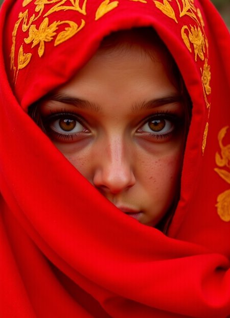 iphone photo (full body shot:1.5) image of an (Irish-Romanian:1.65) (25-year-old:1.1) woman a nomad portrait of mysterious eyes framed by a red cloth. The focus is on the eyes, which impress with realistic details and an intense expression. The background is in warm red and orange tones that create an oriental or desert-like atmosphere. The texture of the fabric features abstract, flowing patterns, while the colors are strong and contrasting to emphasize the depth of the artwork.
(photorealistic:1.25), UHD, (shot on a Sony A7III:1.25), optimal photography, natural lighting . large depth of field, deep depth of field, highly detailed