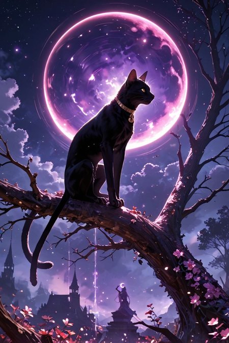 realistic,detailed background,score_9,score_8_up,score_7_up,masterpiece,best quality,
<lora:(增强)sdxl_lightning_8step_lora:1>,<lora:glowneon_xl_v1:1>,glowing,<lora:ExpressiveH:0.8>,Expressiveh,<lora:(增强)Hands XL 4:1>,perfect hands,
Surreal night scene,silhouette of a cat sitting on a tree branch,crescent moon in the sky,purple hues,starry night,dreamlike atmosphere,glowing edges,mystical,high contrast,ethereal light,detailed textures,whimsical,no human,