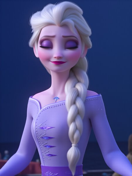 dim,35mm film,(((waist-up view))),elsa \(frozen\), solo, bare shoulders,closed mouth,smile,Elsa's Light Purple Dress, Braid on right shoulder,(purple eyeshadow, Shiny lips),outfit 1, elsa's outfit-1, elsa's outfit-1 \(outfit\), view from font, <lora:Elsa-Flux:1>ï¼view from Waist-up