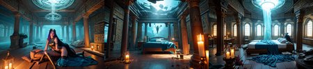 (otherworldly, otherworldly atmosphere, otherworldly appearance), highly insanely detailed, masterpiece, top quality, best quality, highres, 4k, 8k, RAW photo, ((ancient egyptian theme:1.2)), Hong Kong structure, structure, 
(mystical theme), mystical gatmosphere, arcane sanctuaries, otherwordly aura, 
(long_hair, long hair, random colors hair, glowing hair, hair over one eye, long messy hair), 
(eyelashes, eyeliner, eyeshadow, eyelashes, long eyelashes), 
collar, earrings, jewelry, necklace, armlet, 
tentacle, (underwater), nsfw, 
Homestay, Resort, (Guest House:1.1), 
building, structure, swirling energy, 
action pose, 
drunk, 
high-heels, 
reflection, reflective floor, 
shawl, 
abandoned building, shopping mall, overgrown with vegetation, [volumetric fog], cinematic lighting, colorful, colourful, 
belly bottom, erotic lingerie, 
((dune)), steep, sandhills, 
HDR, ((photorealistic)), professional light, cinematic lighting, fashion photography, ambient lighting, face lighting, <lora:detail_slider_v4:1>, Fantasy picture, OverallDetail, ancient roman room with a statue and candles in it and a bed in the middle of the room with a blue blanket on it and a blue blanket on the floor, RomInt, <lora:RomanInterior-10:1>, epiCPhoto, (fantasy world)