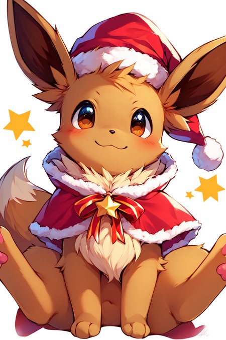 score_9, score_8_up, score_8,  ,,,  zzEV, looking at viewer, blush, smile, simple background, hat, white background, ribbon, brown eyes, sitting, closed mouth, full body, star (symbol), red ribbon, capelet, :3, christmas, red headwear, santa hat, red capelet, fur-trimmed capelet, clothed pokemon, <lora:EeveePokedexPDXL:1.0>,   ,,, embedding:zPDXL, Expressiveh, <lora:CatalystStylePDXL:0.6>,  <lora:SDXLFaeTastic2400:0.5>,  <lora:Expressive_H-000001:0.4>,